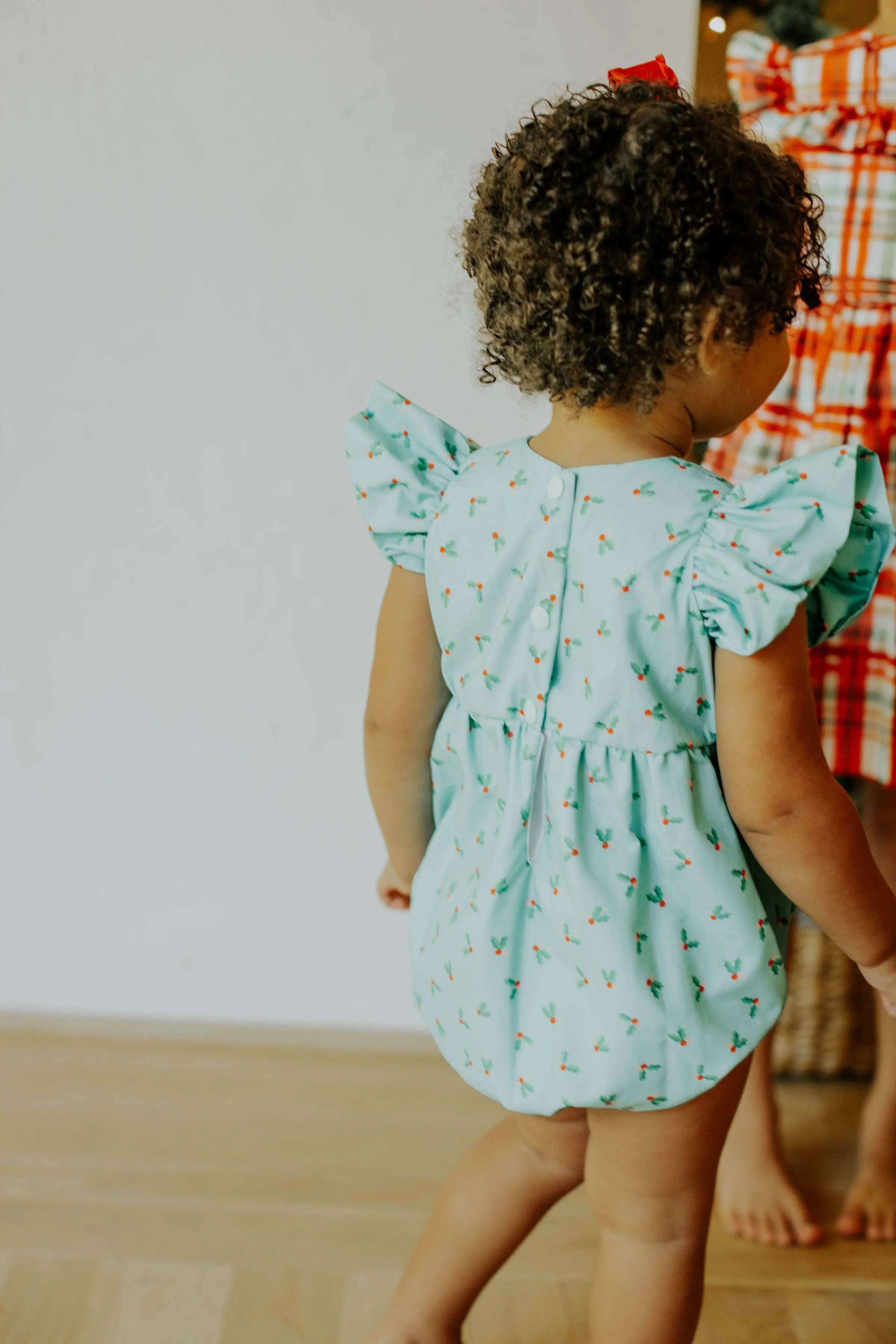 Infant Girl's Turquoise Blue Holly Print Christmas Bubble Romper