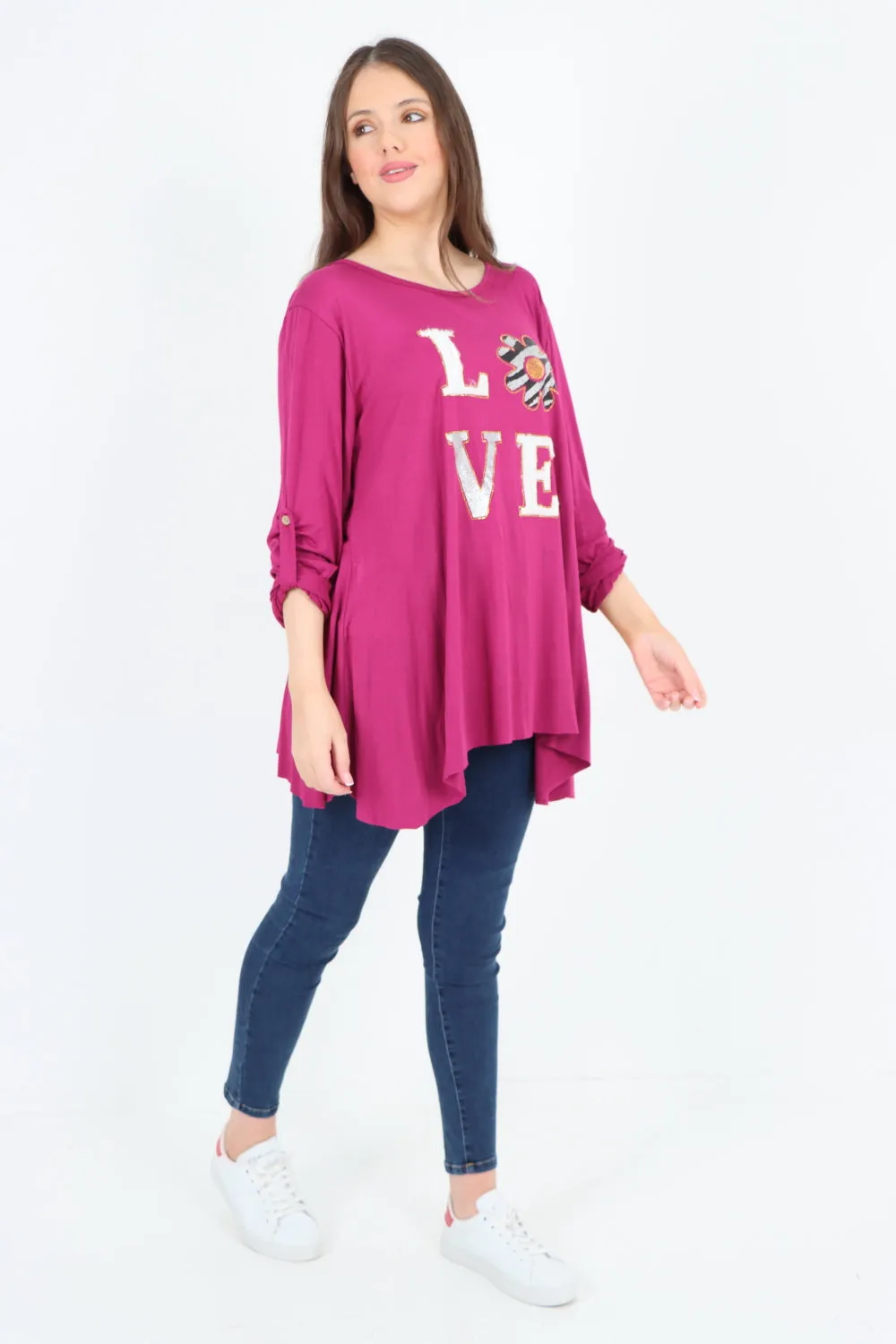 Italian Love Glitter Print Turn Up Sleeve Tunic Top
