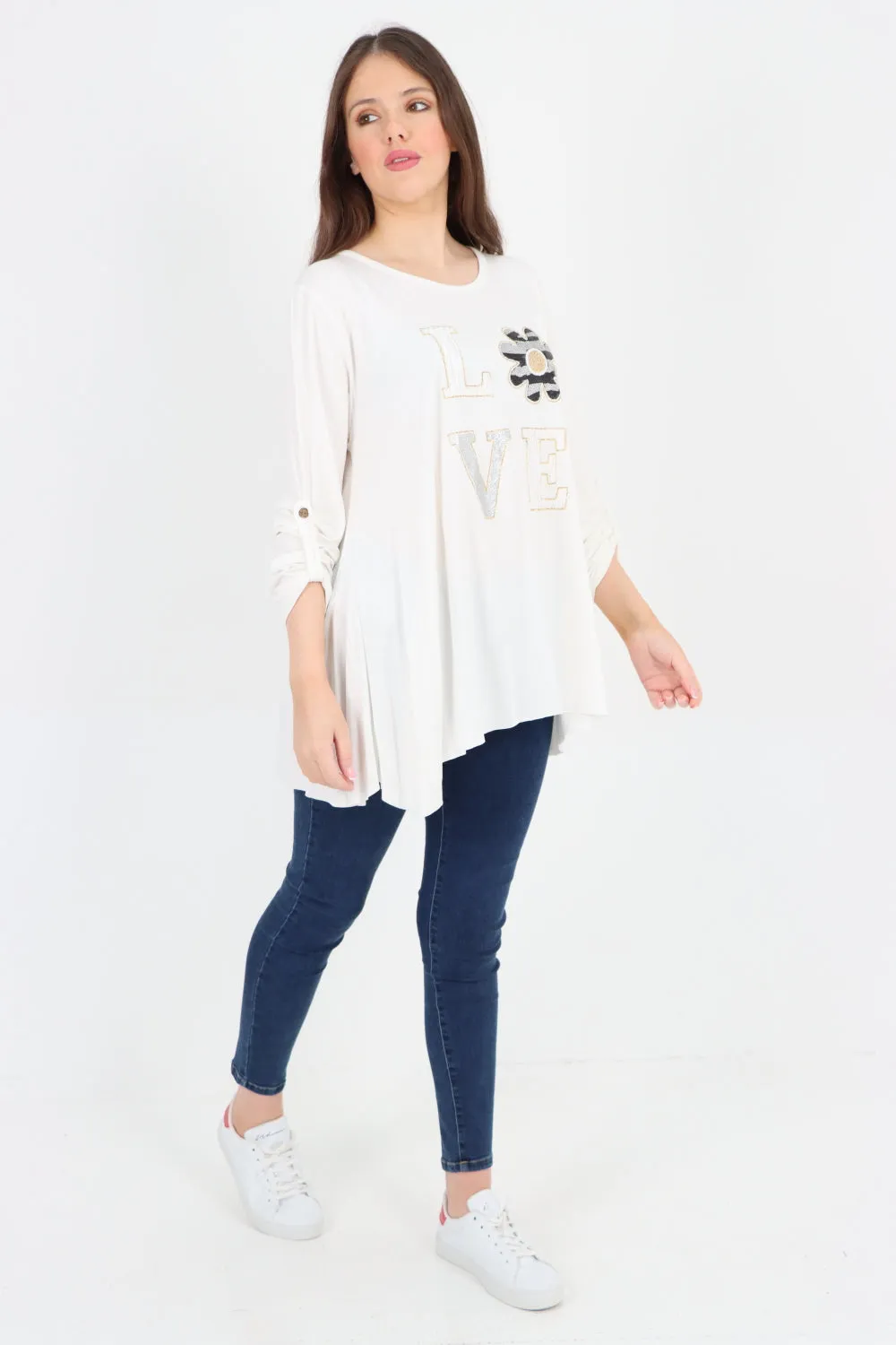 Italian Love Glitter Print Turn Up Sleeve Tunic Top