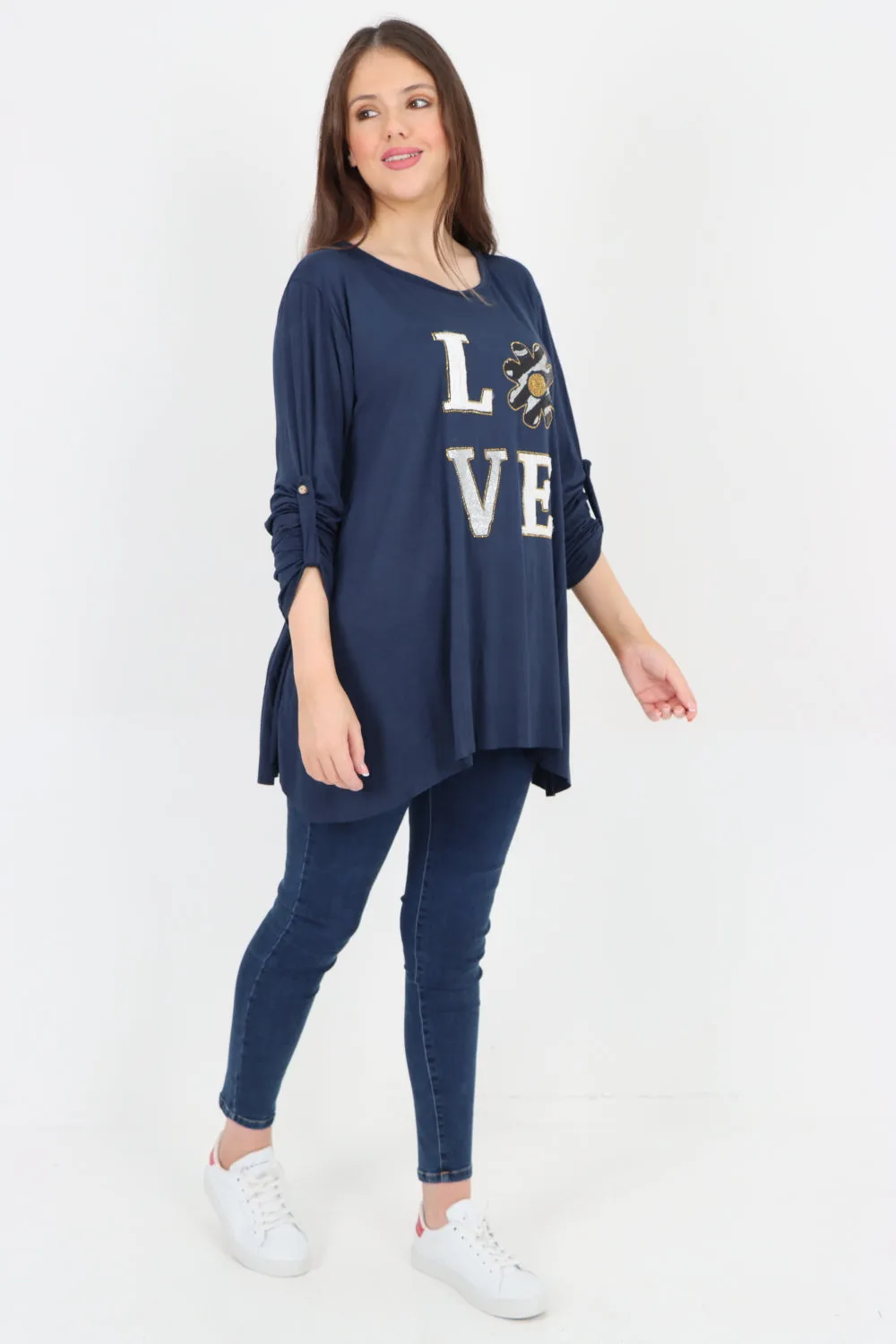 Italian Love Glitter Print Turn Up Sleeve Tunic Top