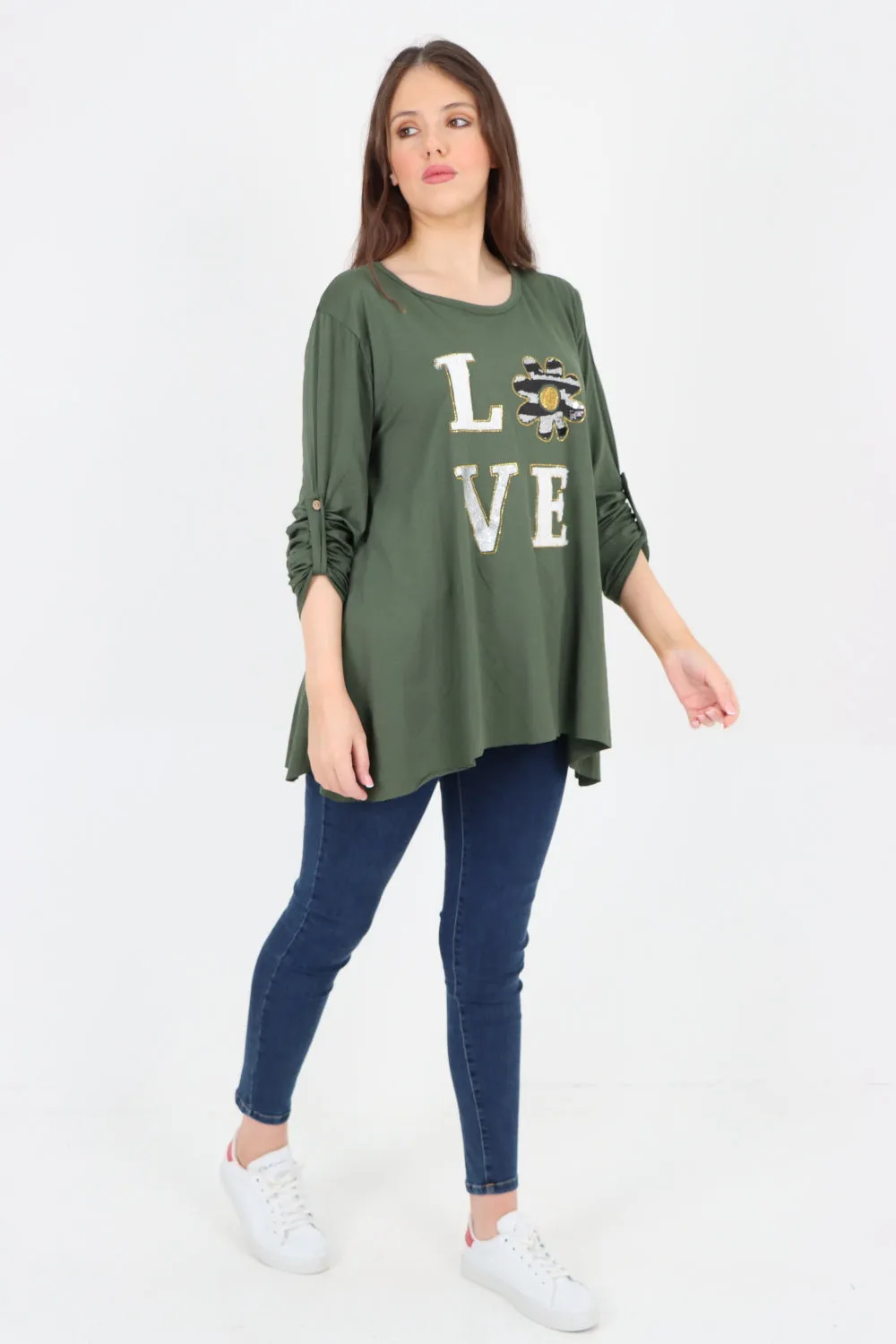 Italian Love Glitter Print Turn Up Sleeve Tunic Top