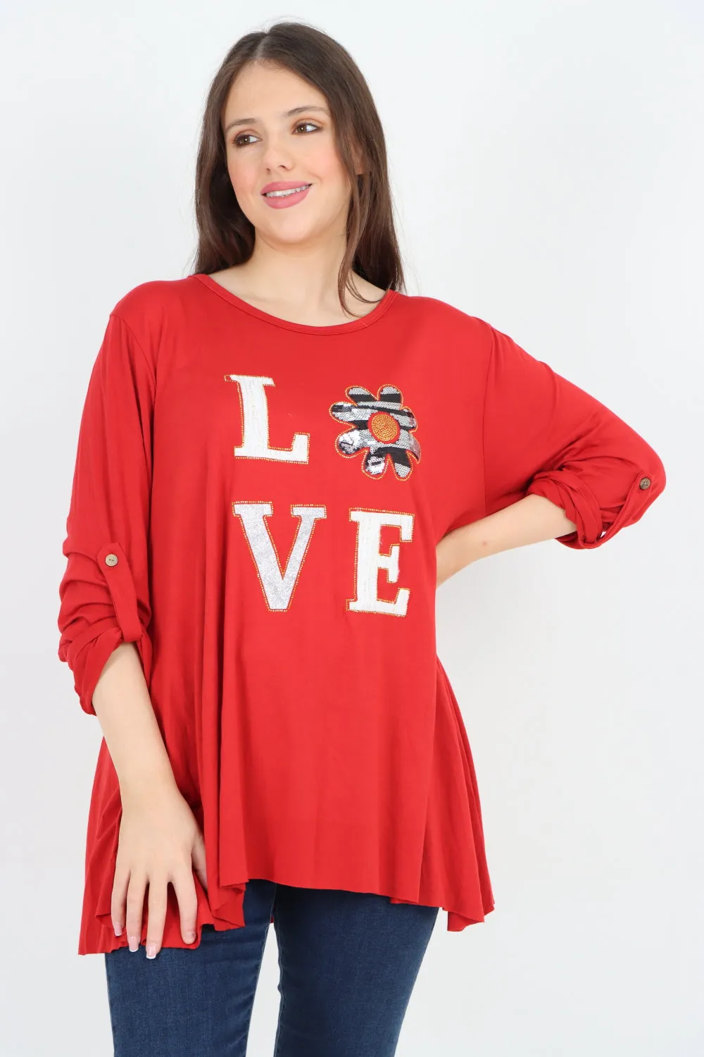 Italian Love Glitter Print Turn Up Sleeve Tunic Top