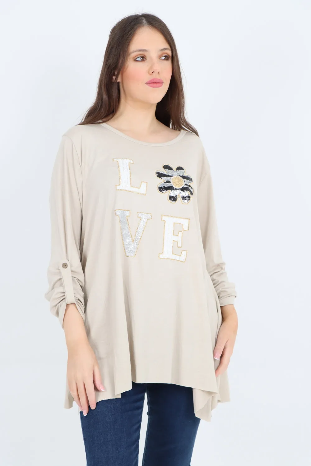 Italian Love Glitter Print Turn Up Sleeve Tunic Top