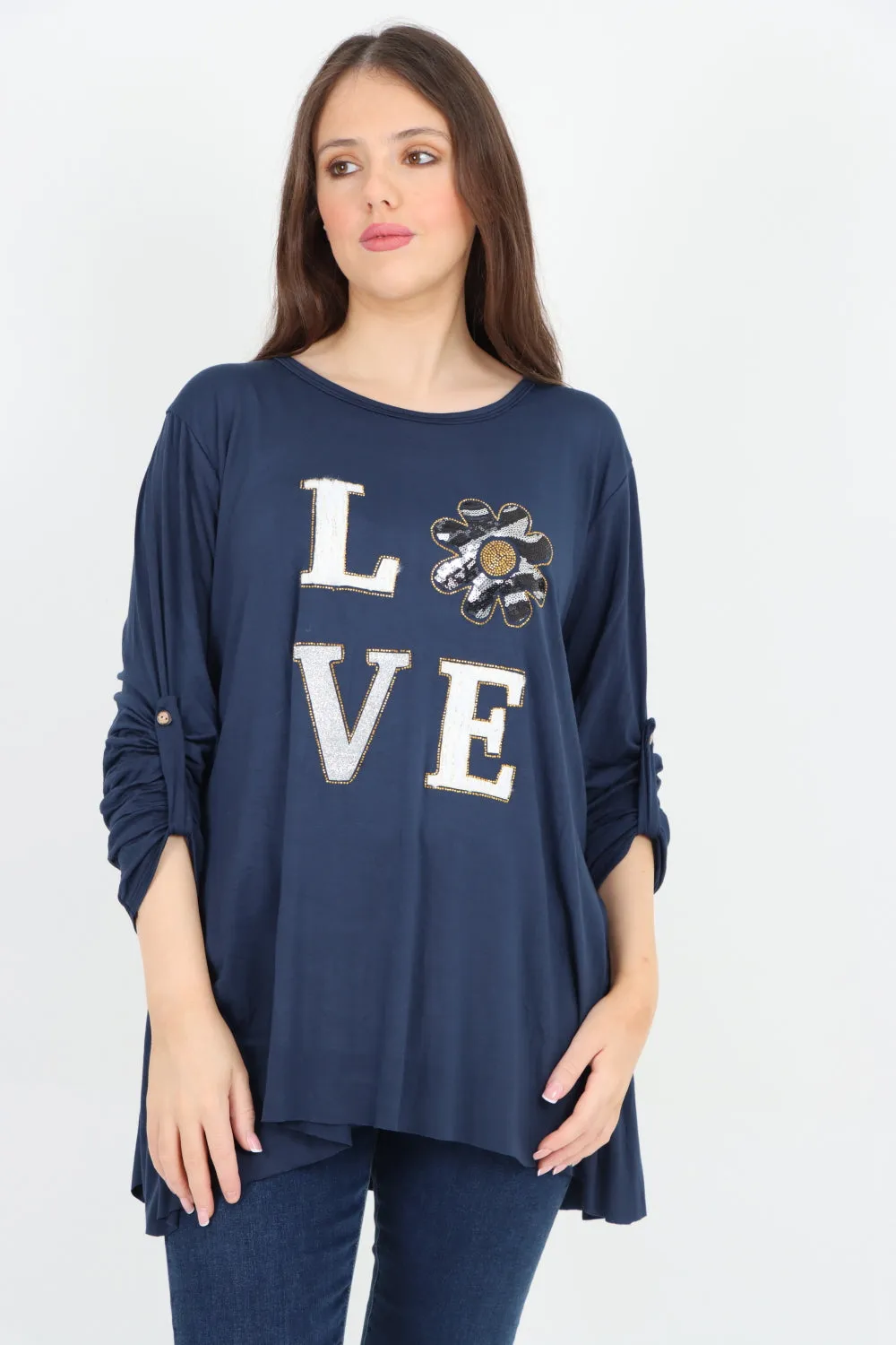 Italian Love Glitter Print Turn Up Sleeve Tunic Top
