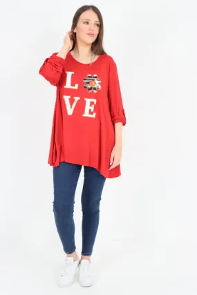 Italian Love Glitter Print Turn Up Sleeve Tunic Top