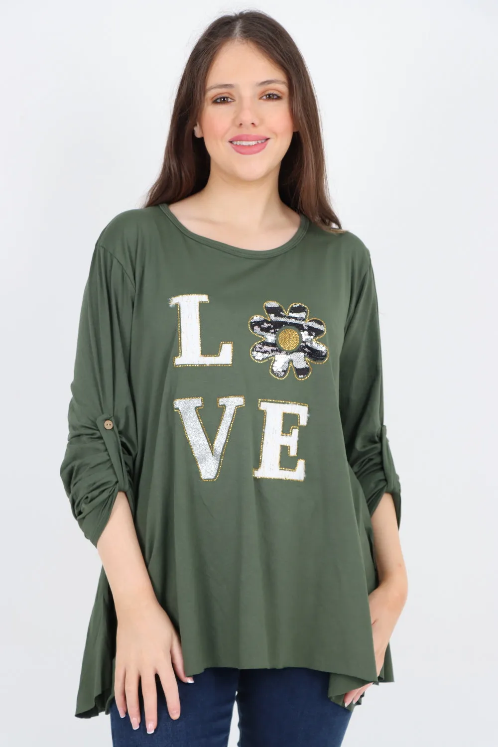 Italian Love Glitter Print Turn Up Sleeve Tunic Top