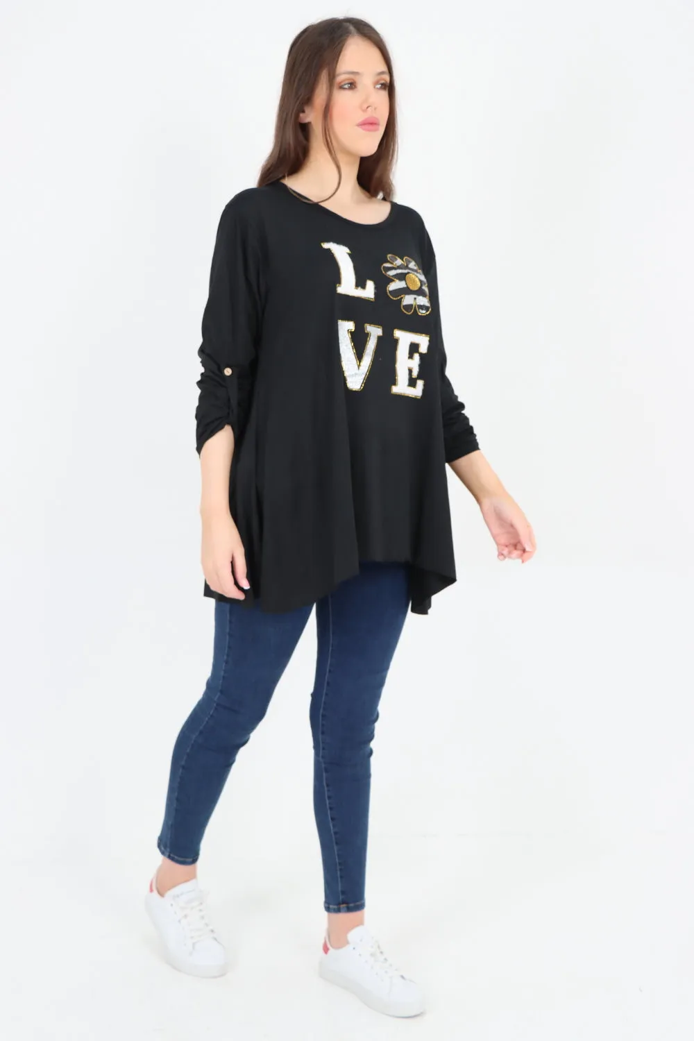 Italian Love Glitter Print Turn Up Sleeve Tunic Top