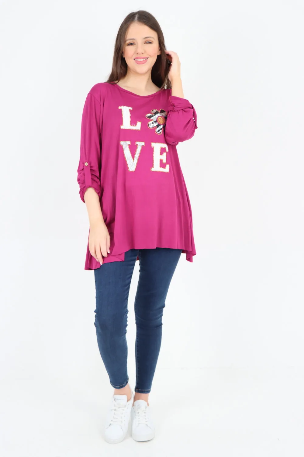 Italian Love Glitter Print Turn Up Sleeve Tunic Top