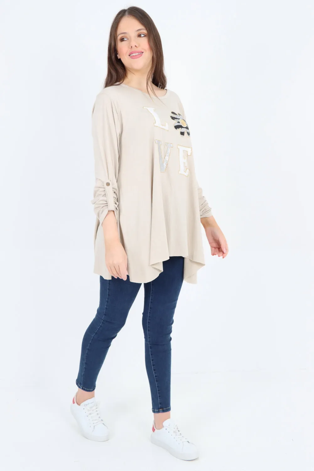 Italian Love Glitter Print Turn Up Sleeve Tunic Top