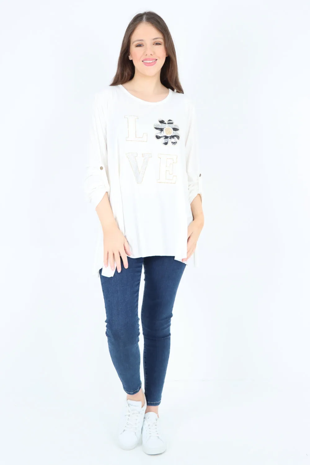 Italian Love Glitter Print Turn Up Sleeve Tunic Top