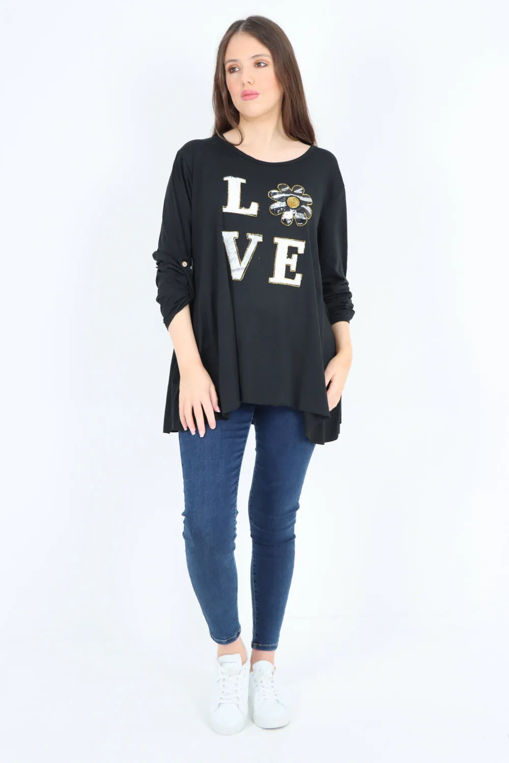 Italian Love Glitter Print Turn Up Sleeve Tunic Top