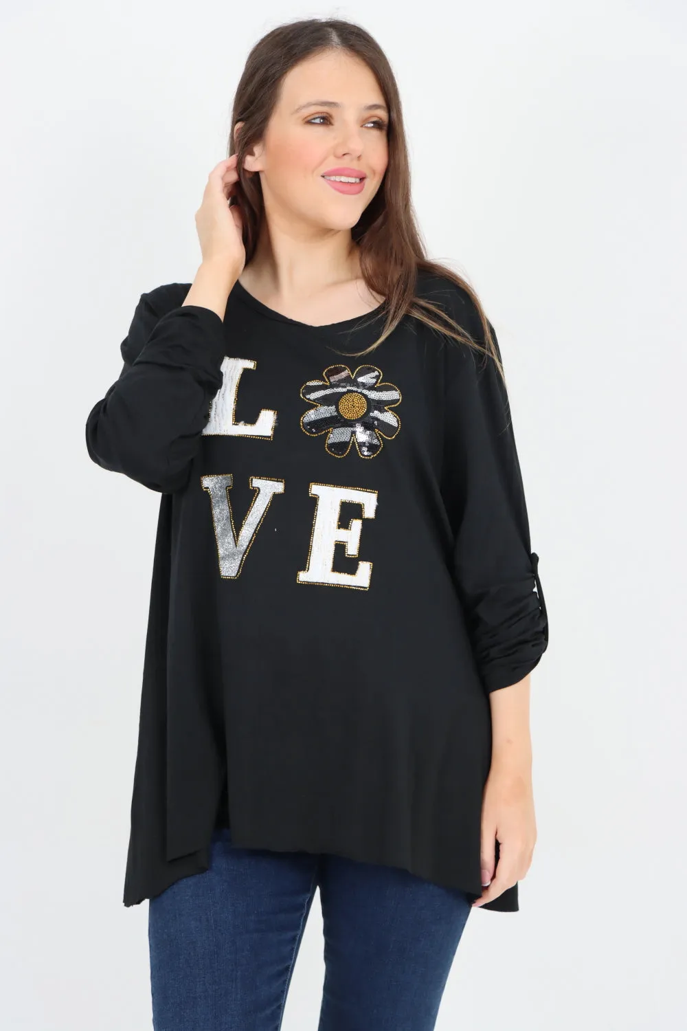 Italian Love Glitter Print Turn Up Sleeve Tunic Top