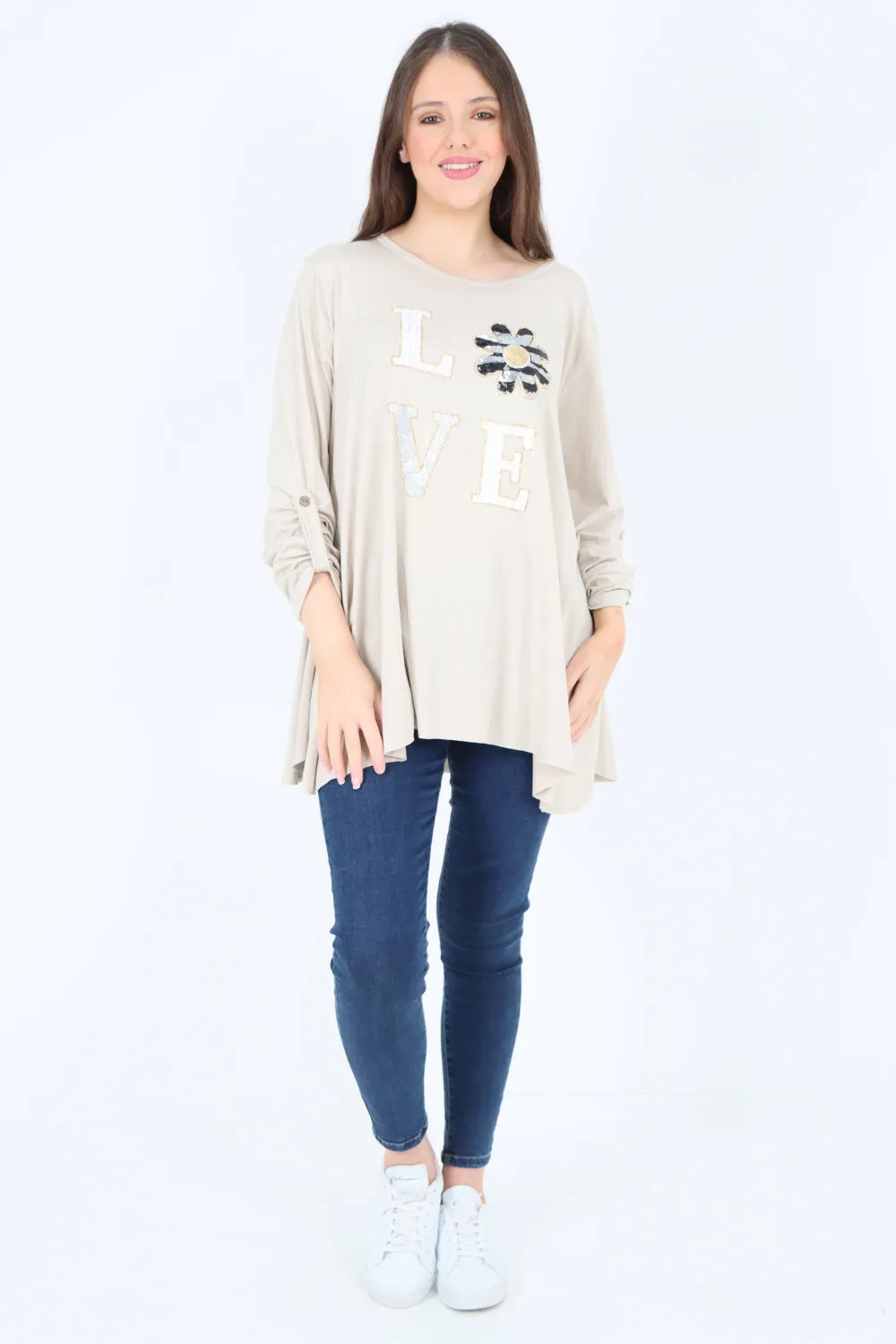 Italian Love Glitter Print Turn Up Sleeve Tunic Top