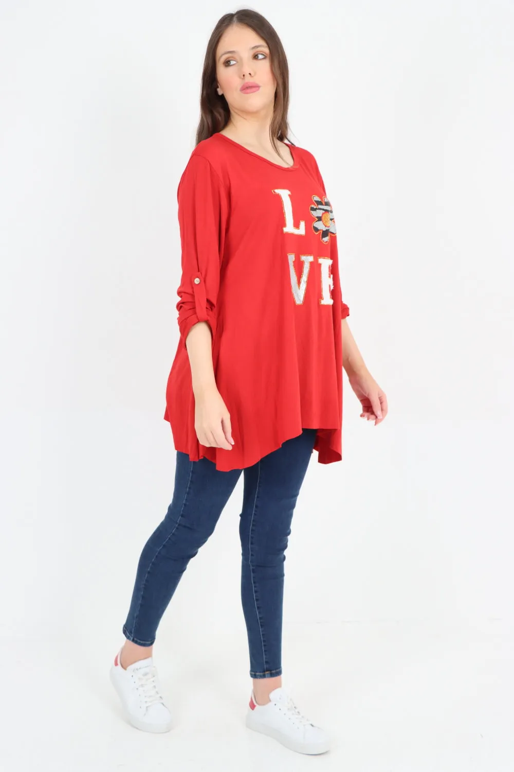 Italian Love Glitter Print Turn Up Sleeve Tunic Top