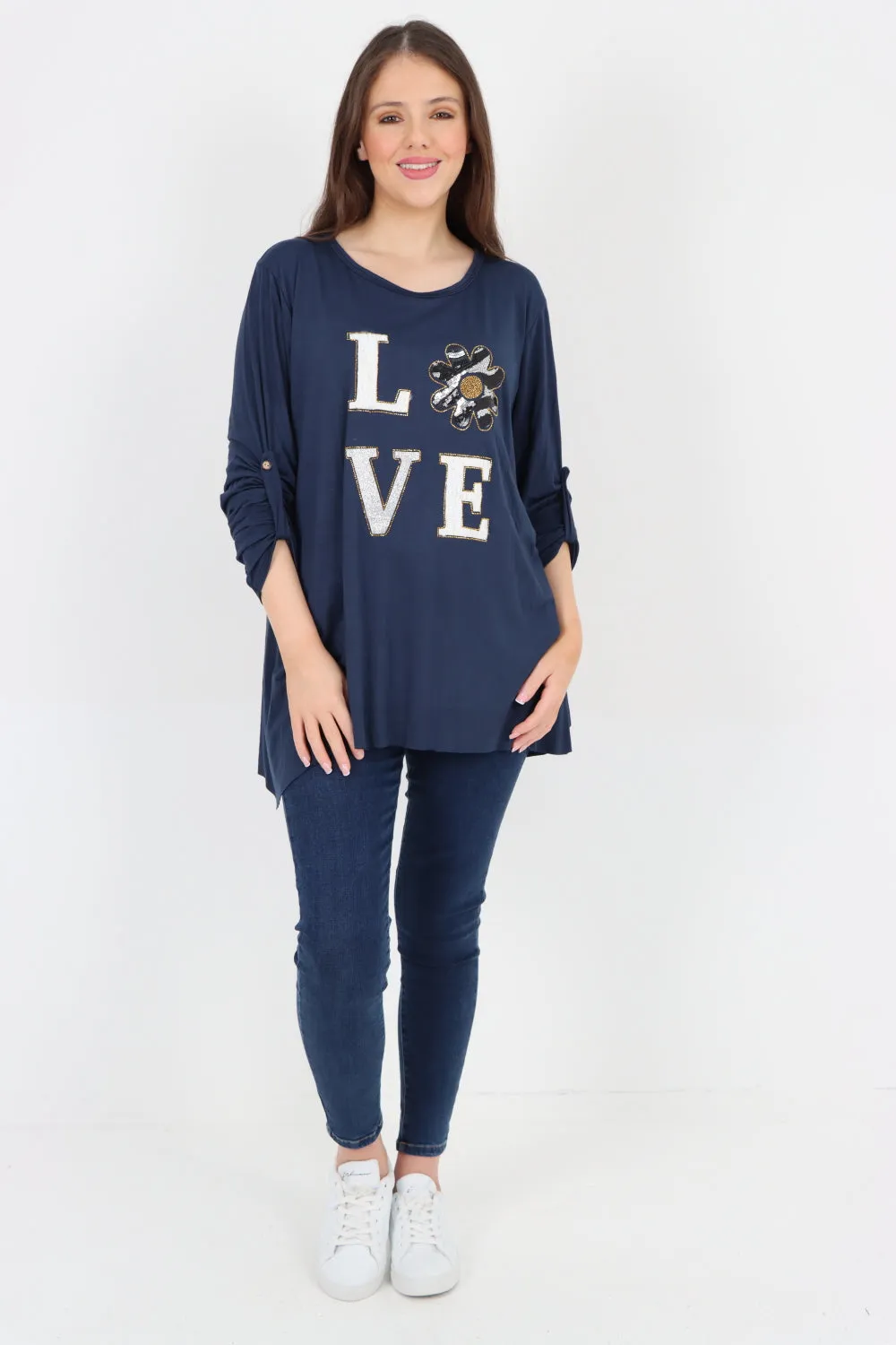 Italian Love Glitter Print Turn Up Sleeve Tunic Top