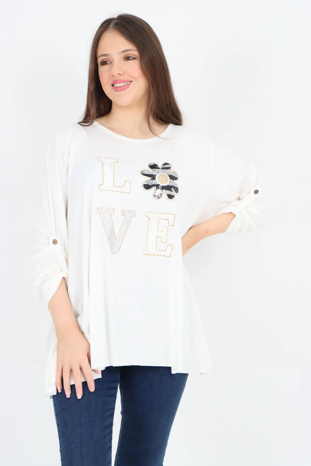 Italian Love Glitter Print Turn Up Sleeve Tunic Top
