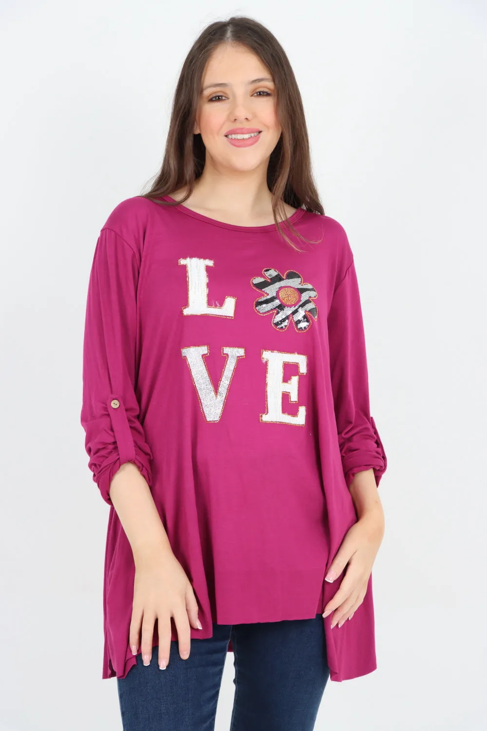 Italian Love Glitter Print Turn Up Sleeve Tunic Top