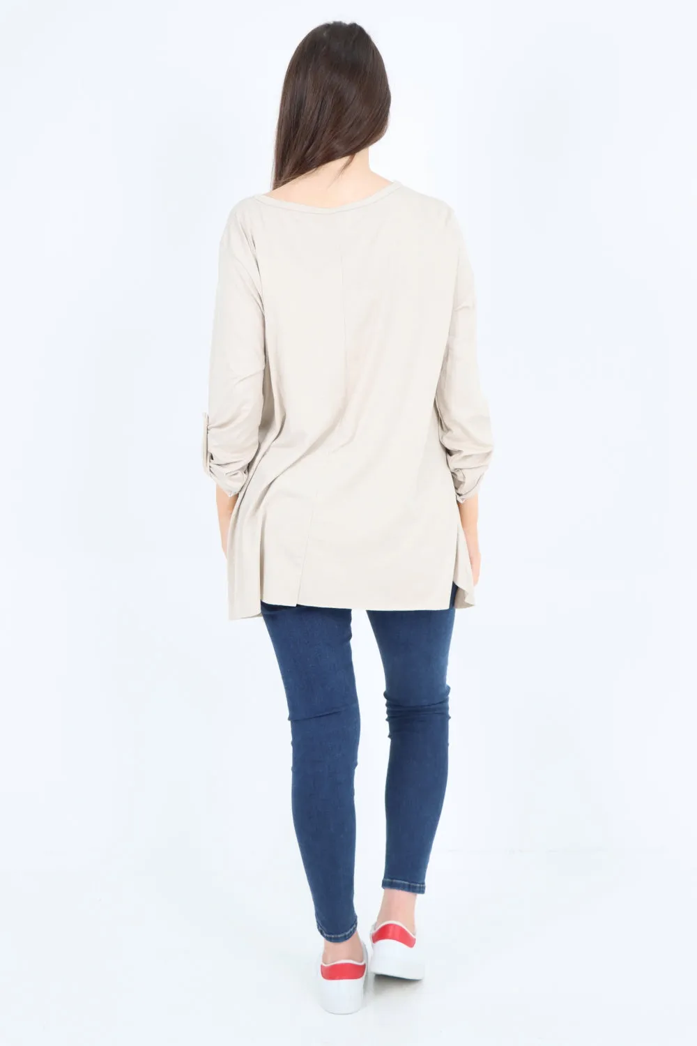 Italian Love Glitter Print Turn Up Sleeve Tunic Top