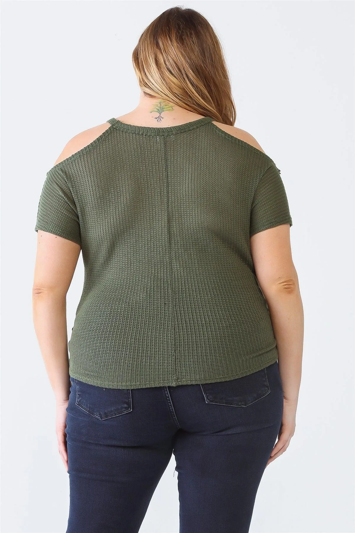 Junior Plus Olive Knit Off-The-Shoulder Short Sleeve Top /1-1