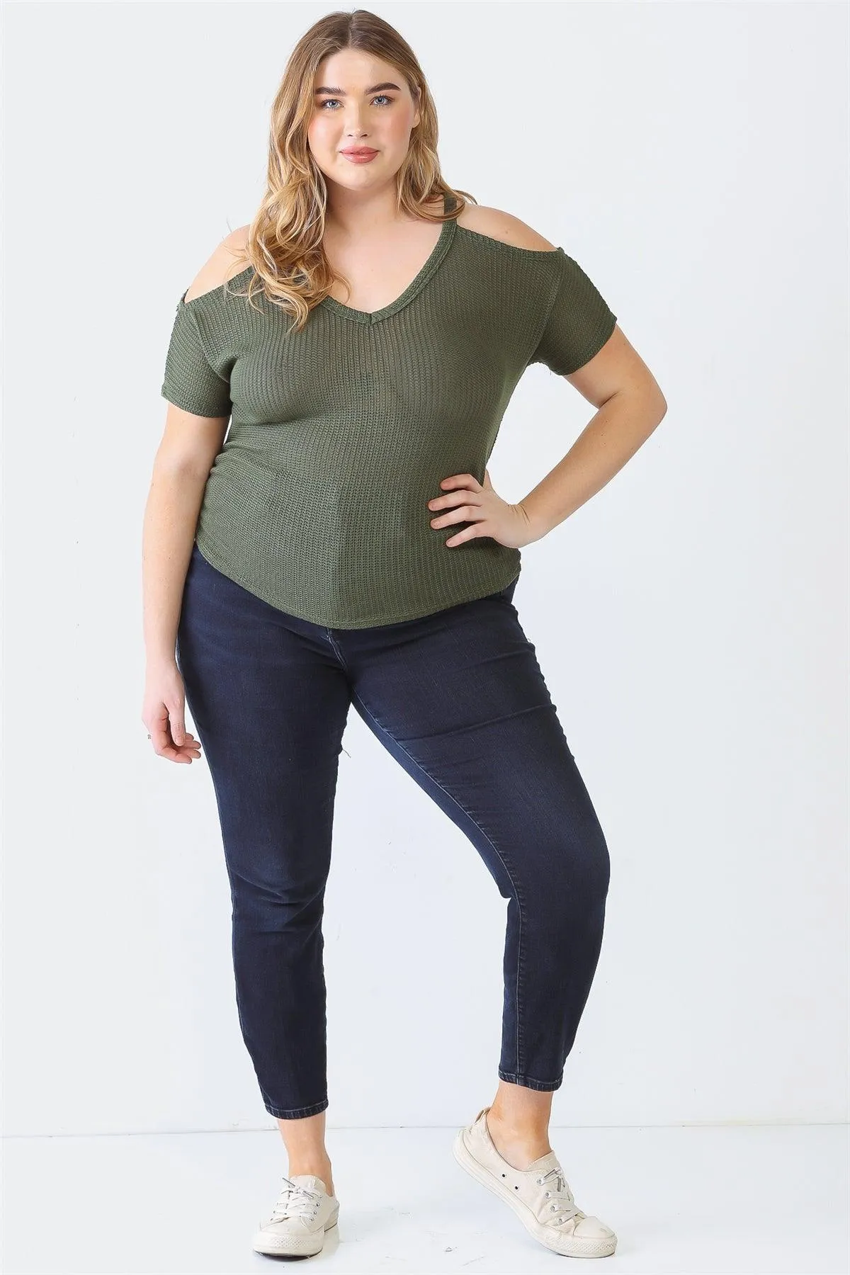 Junior Plus Olive Knit Off-The-Shoulder Short Sleeve Top /1-1