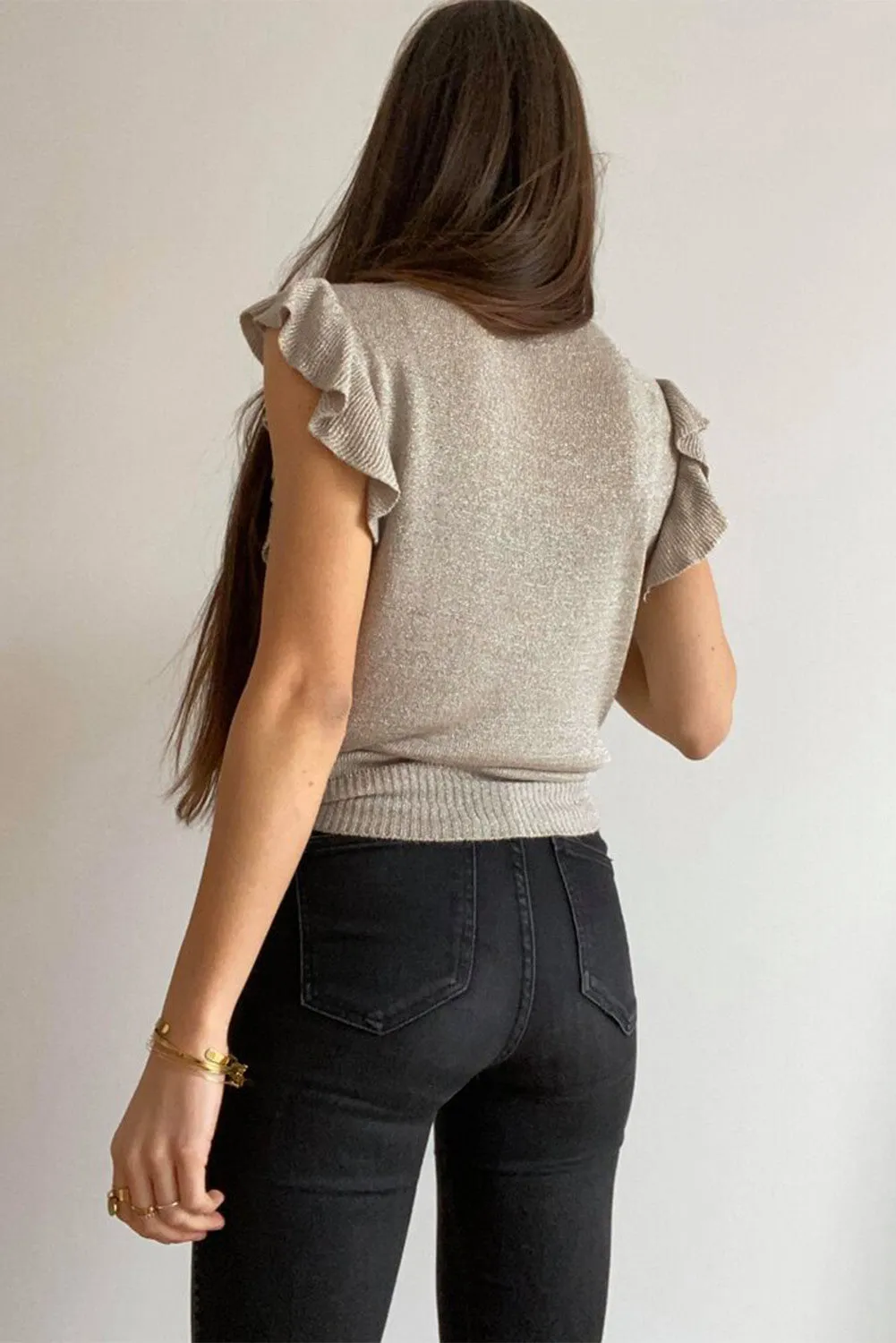 Khaki Cascading Ruffles Knit Top
