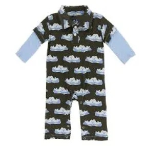 KicKee Pants Print Long Sleeve Polo Romper - Bark Seals