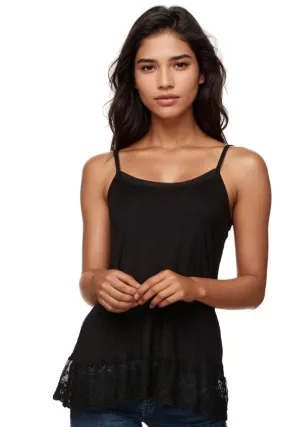 Knit Cami with Embroidery Lace Hem in Black