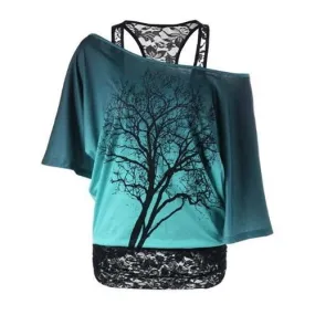 Lace Collared Tree Printed Half Sleeve Shirt