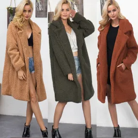 Lapel Collar Solid Color V-neck Oversized Women Teddy Faux Fur Coat