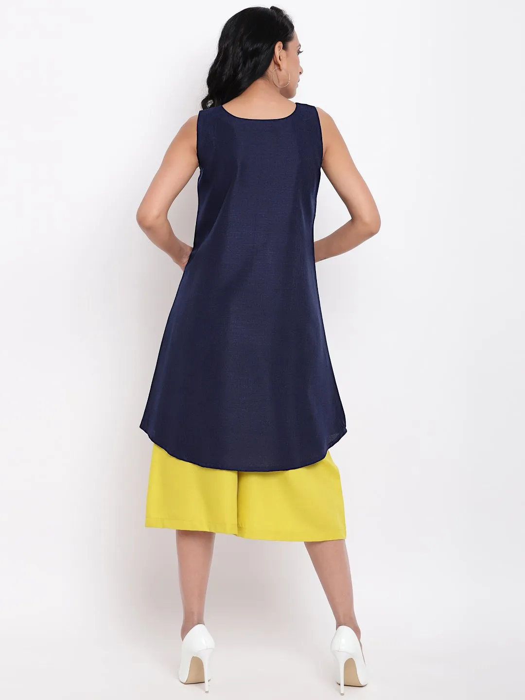 Linen Cotton Blue Lace Kurta Pant Set