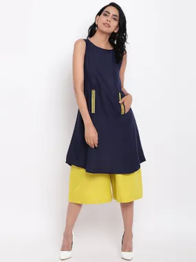 Linen Cotton Blue Lace Kurta Pant Set