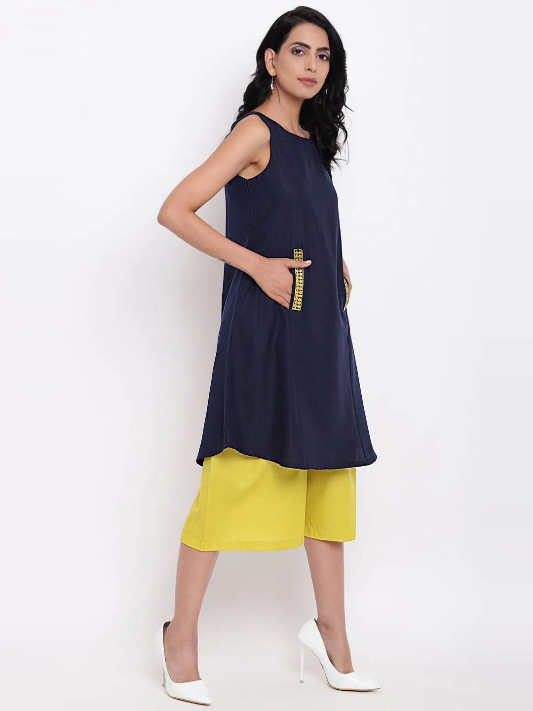 Linen Cotton Blue Lace Kurta Pant Set