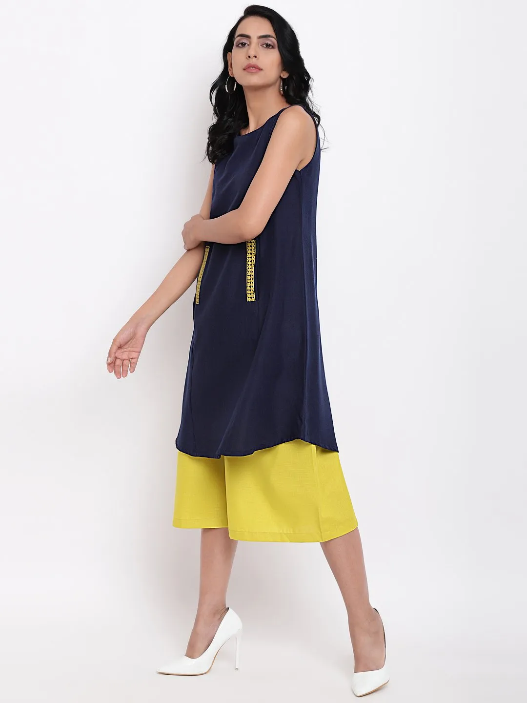 Linen Cotton Blue Lace Kurta Pant Set
