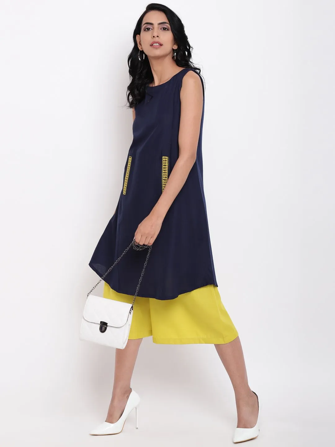 Linen Cotton Blue Lace Kurta Pant Set