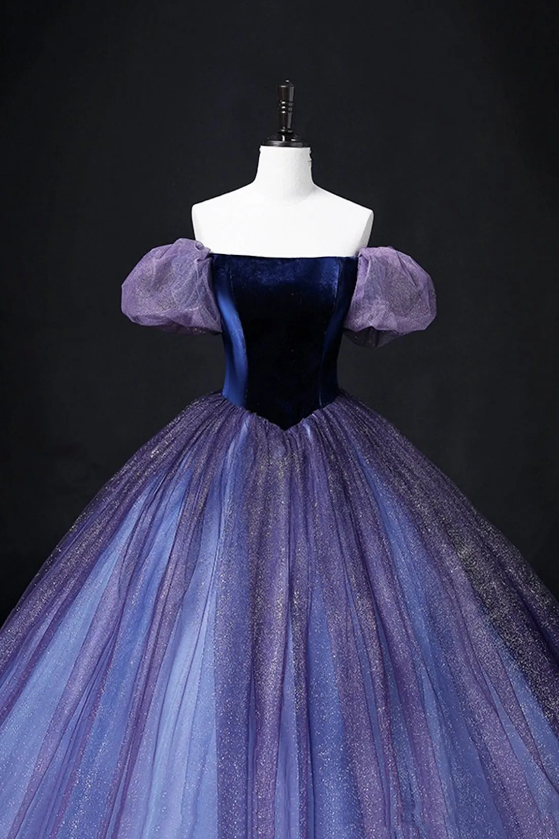 Lovely Velvet Tulle Long Prom Dress, Purple Off the Shoulder Evening Party Gown
