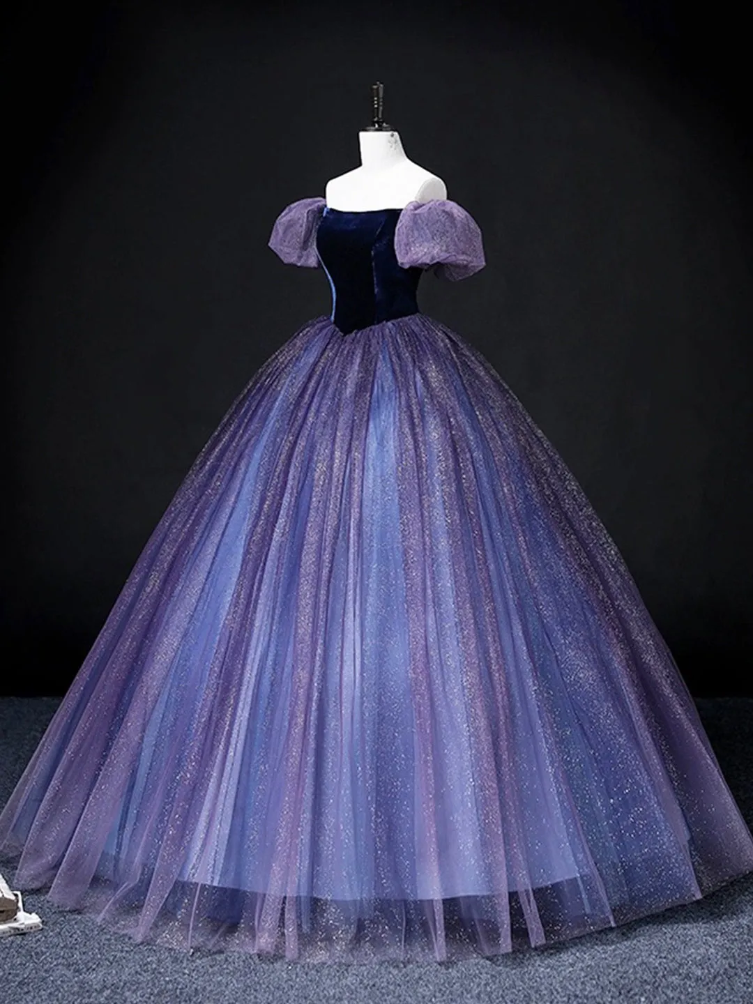 Lovely Velvet Tulle Long Prom Dress, Purple Off the Shoulder Evening Party Gown