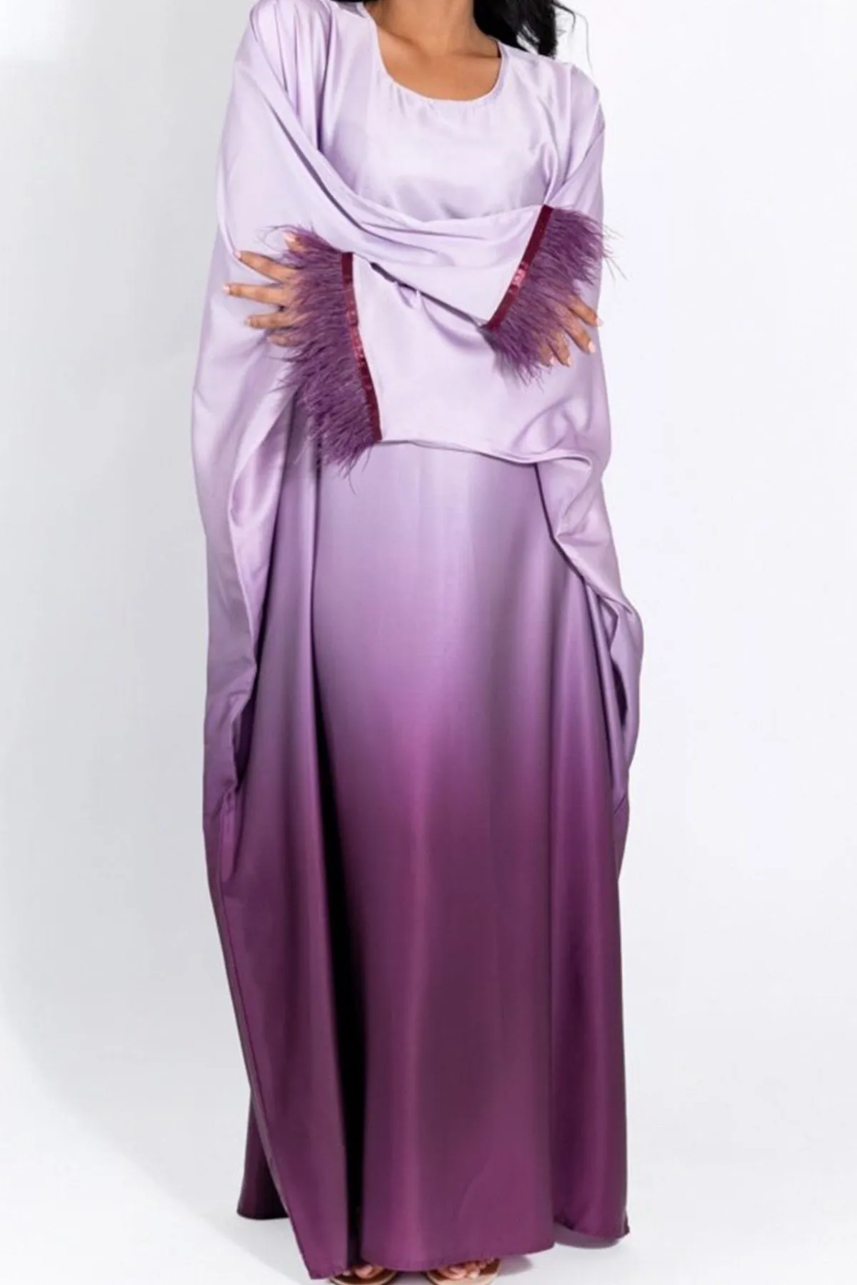 MAYA Feather-Embellished Gradient Kaftan Batwing Abaya 811-Purple