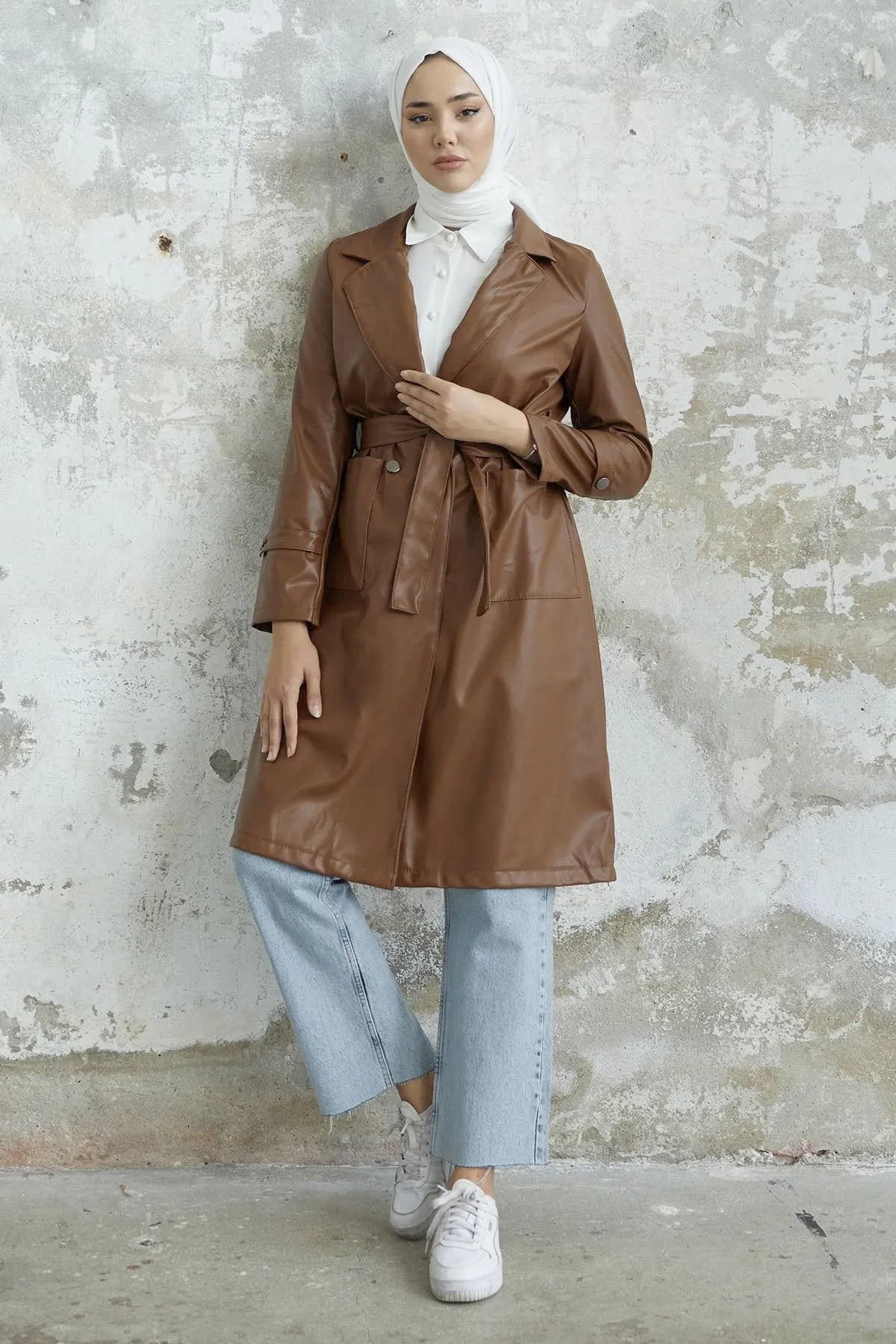 MDS Women Anyora Wrap Neck Leather Trench Coat - Tan - Santa Rosa Jauregui