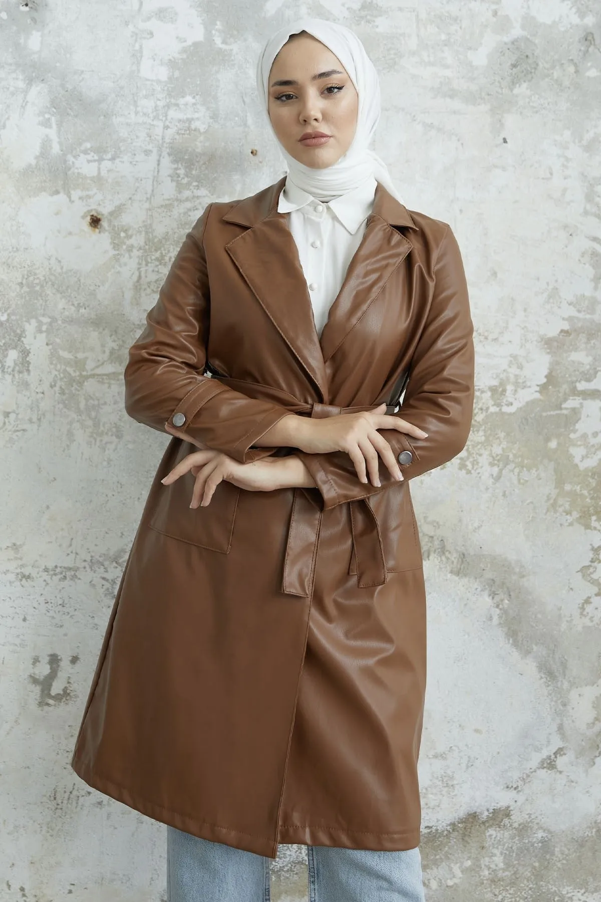 MDS Women Anyora Wrap Neck Leather Trench Coat - Tan - Santa Rosa Jauregui