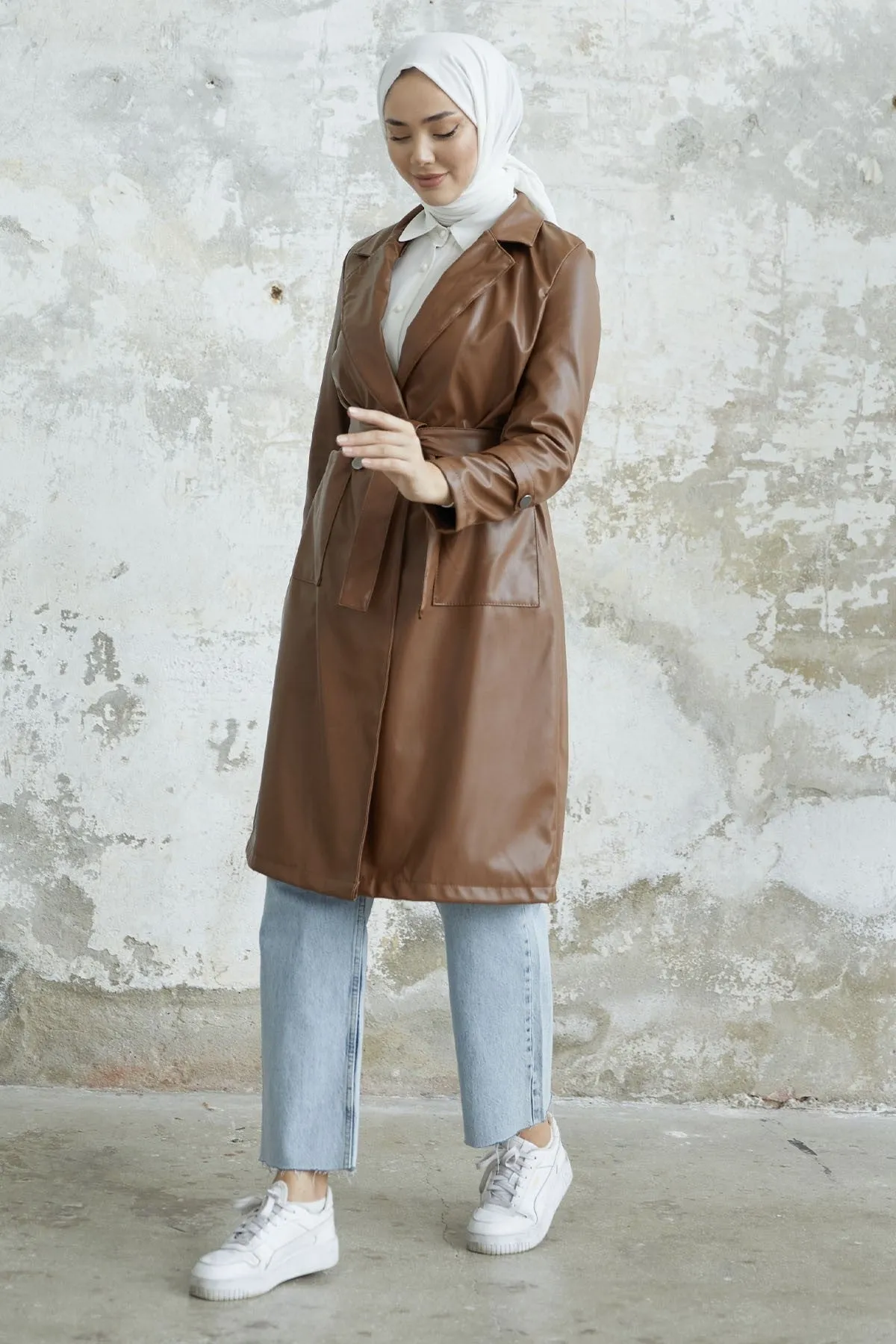 MDS Women Anyora Wrap Neck Leather Trench Coat - Tan - Santa Rosa Jauregui