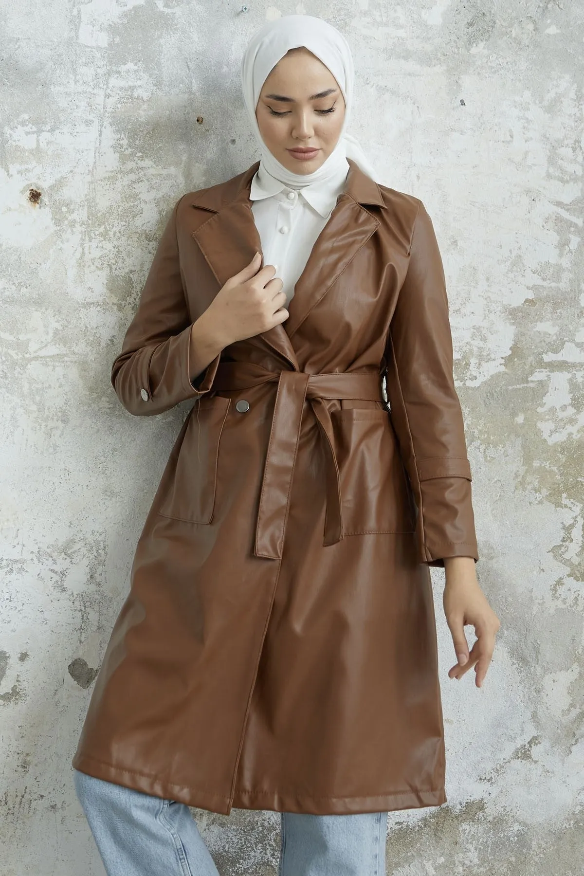 MDS Women Anyora Wrap Neck Leather Trench Coat - Tan - Santa Rosa Jauregui