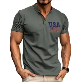 Men's American Flag Print Short Sleeve Button T-Shirt 65699171X