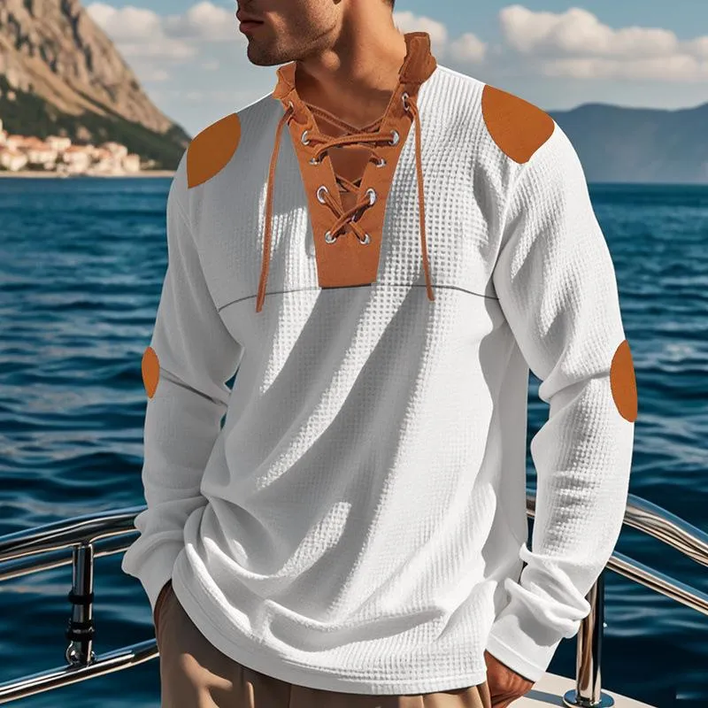 Men's Casual Colorblock Waffle Lace-up Stand Collar Slim Long Sleeve T-shirt 53169118M
