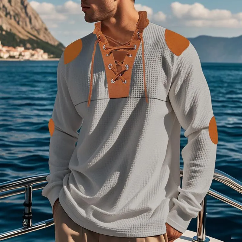 Men's Casual Colorblock Waffle Lace-up Stand Collar Slim Long Sleeve T-shirt 53169118M