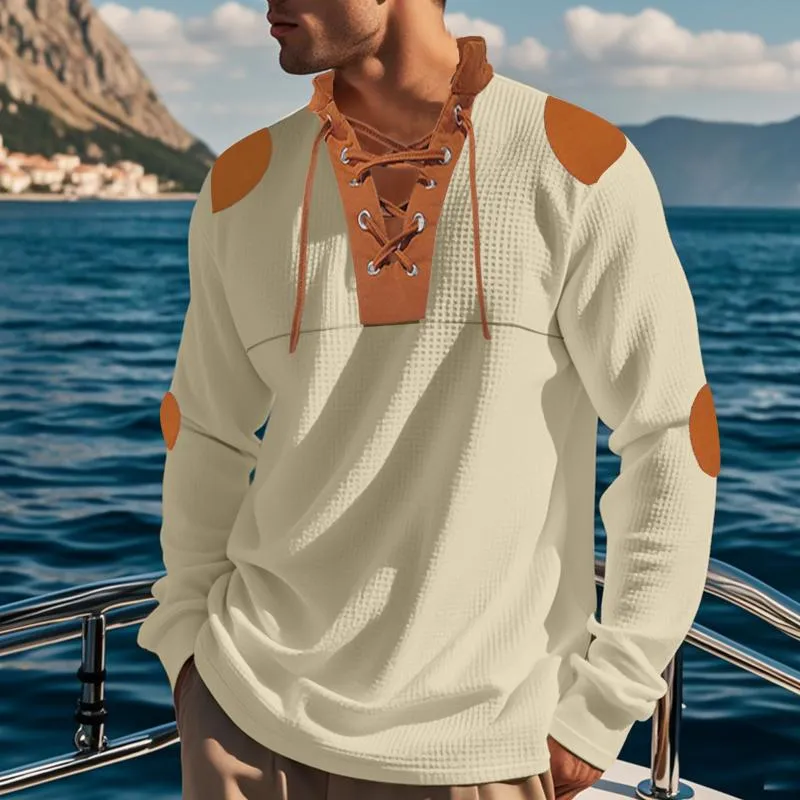 Men's Casual Colorblock Waffle Lace-up Stand Collar Slim Long Sleeve T-shirt 53169118M