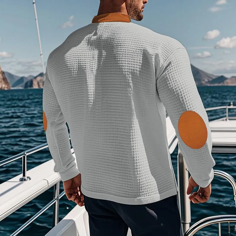 Men's Casual Colorblock Waffle Lace-up Stand Collar Slim Long Sleeve T-shirt 53169118M