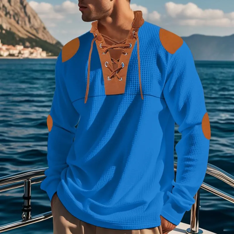 Men's Casual Colorblock Waffle Lace-up Stand Collar Slim Long Sleeve T-shirt 53169118M