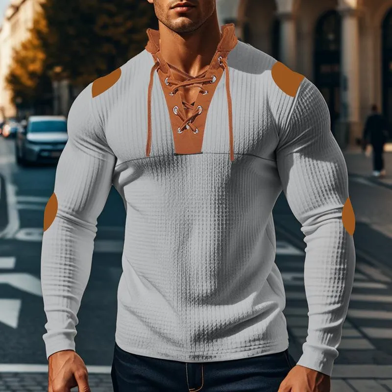 Men's Casual Colorblock Waffle Lace-up Stand Collar Slim Long Sleeve T-shirt 53169118M
