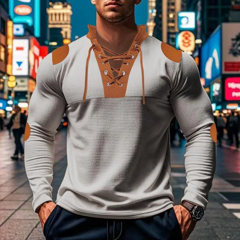 Men's Casual Colorblock Waffle Lace-up Stand Collar Slim Long Sleeve T-shirt 53169118M