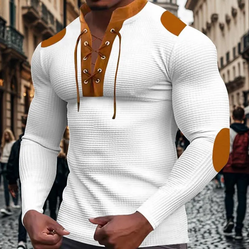 Men's Casual Colorblock Waffle Lace-up Stand Collar Slim Long Sleeve T-shirt 53169118M
